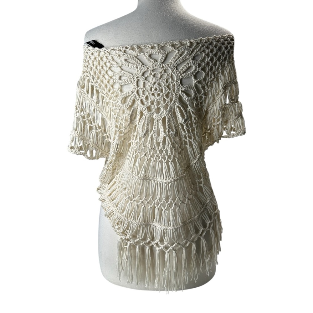Forever21 Crochet Top Beach Cover Up Cream Fringe Poncho Crochet Shirt Summer - Picture 4 of 13